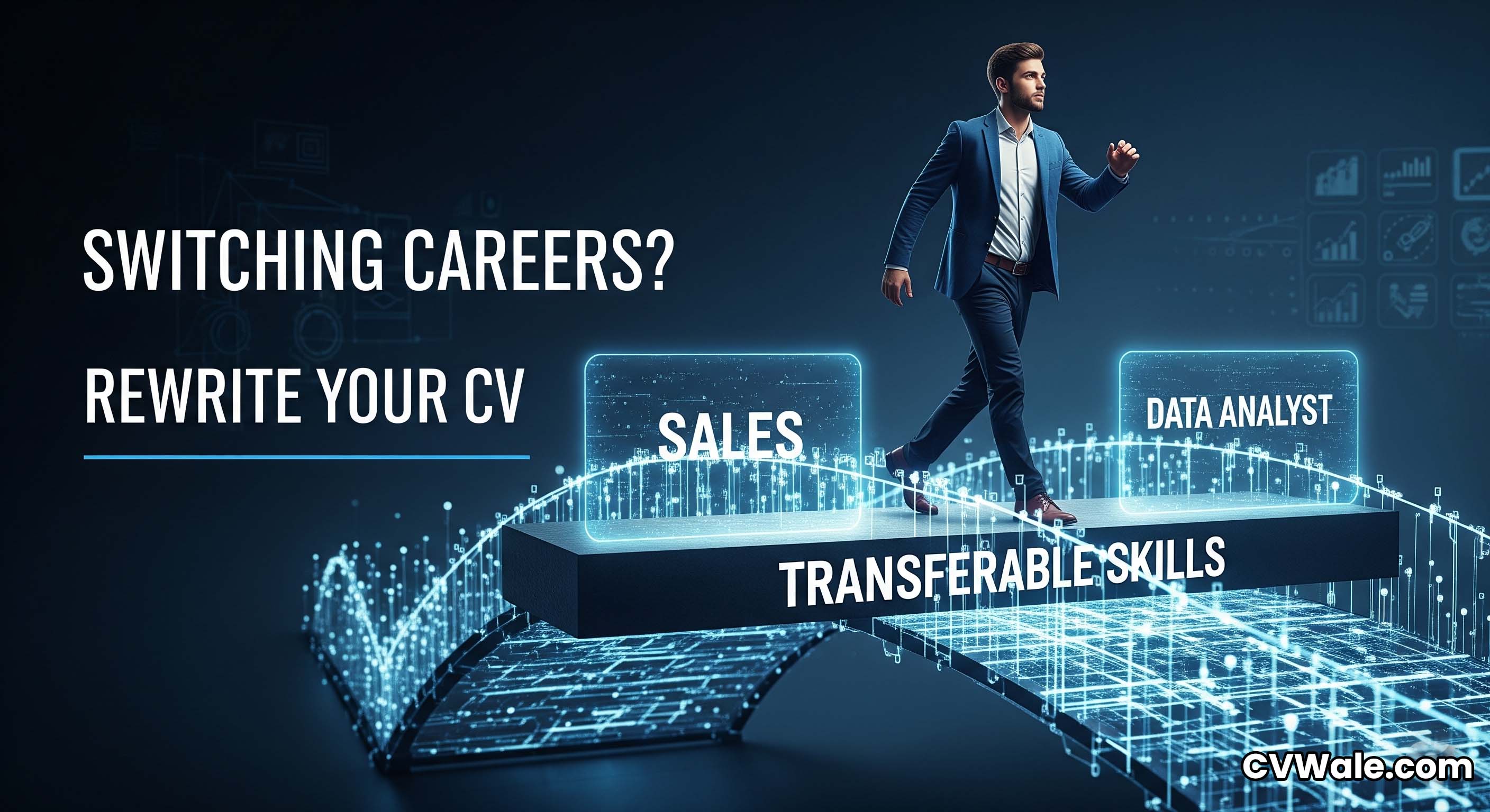 A road splitting into two paths, with a person choosing the new career path.