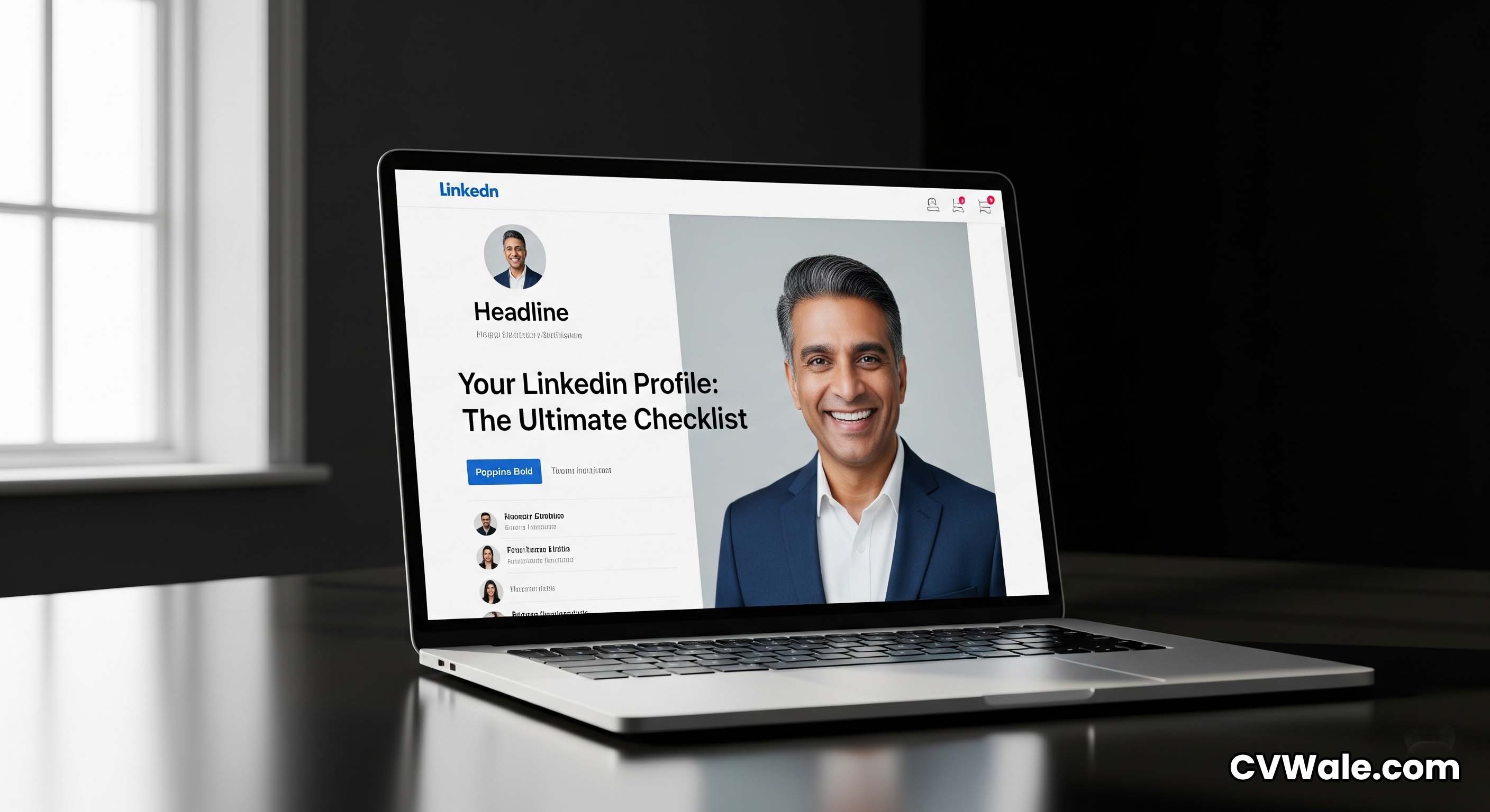 A professional LinkedIn profile on a laptop.