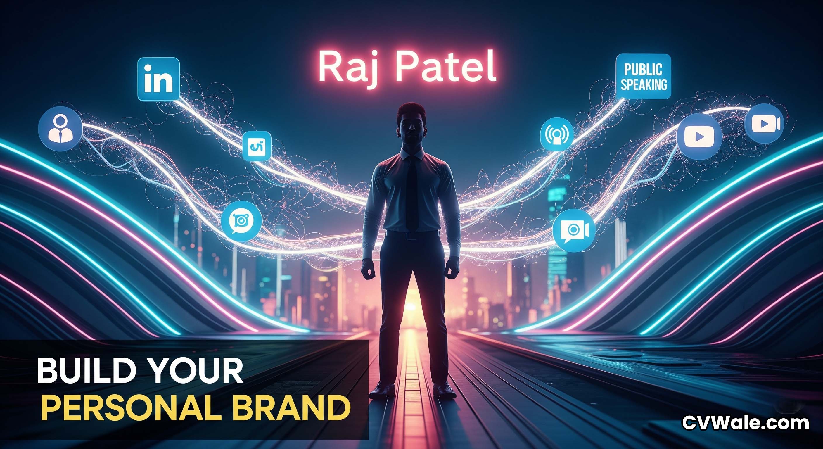A professional with lines radiating to icons representing their personal brand.