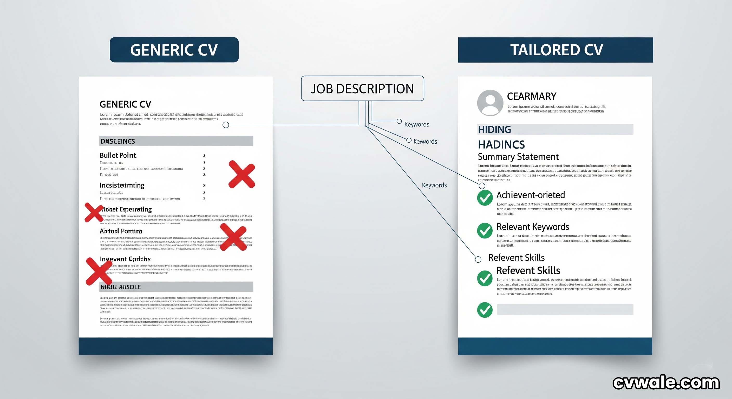 A side-by-side comparison showing a generic, poorly written CV versus a CV that has been tailored with specific keywords for a job in India.