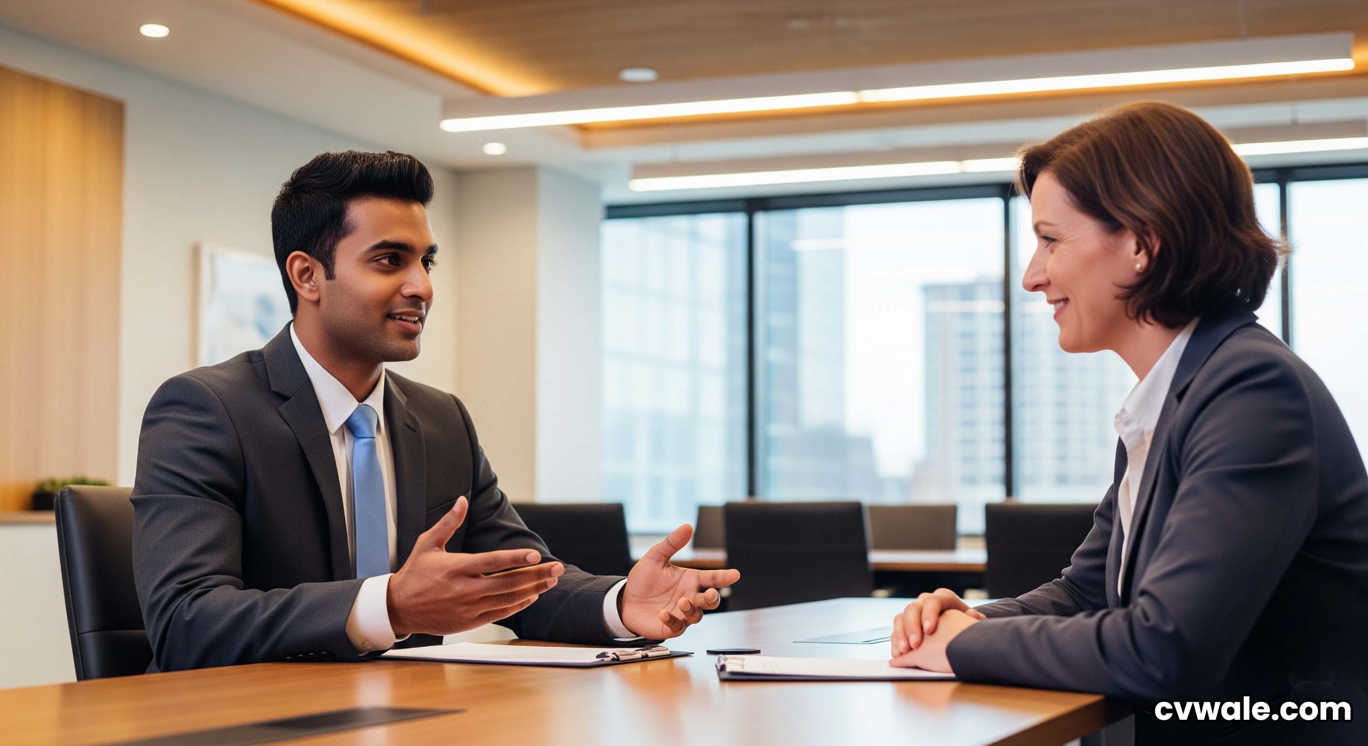 A professional looking confident in a job interview.