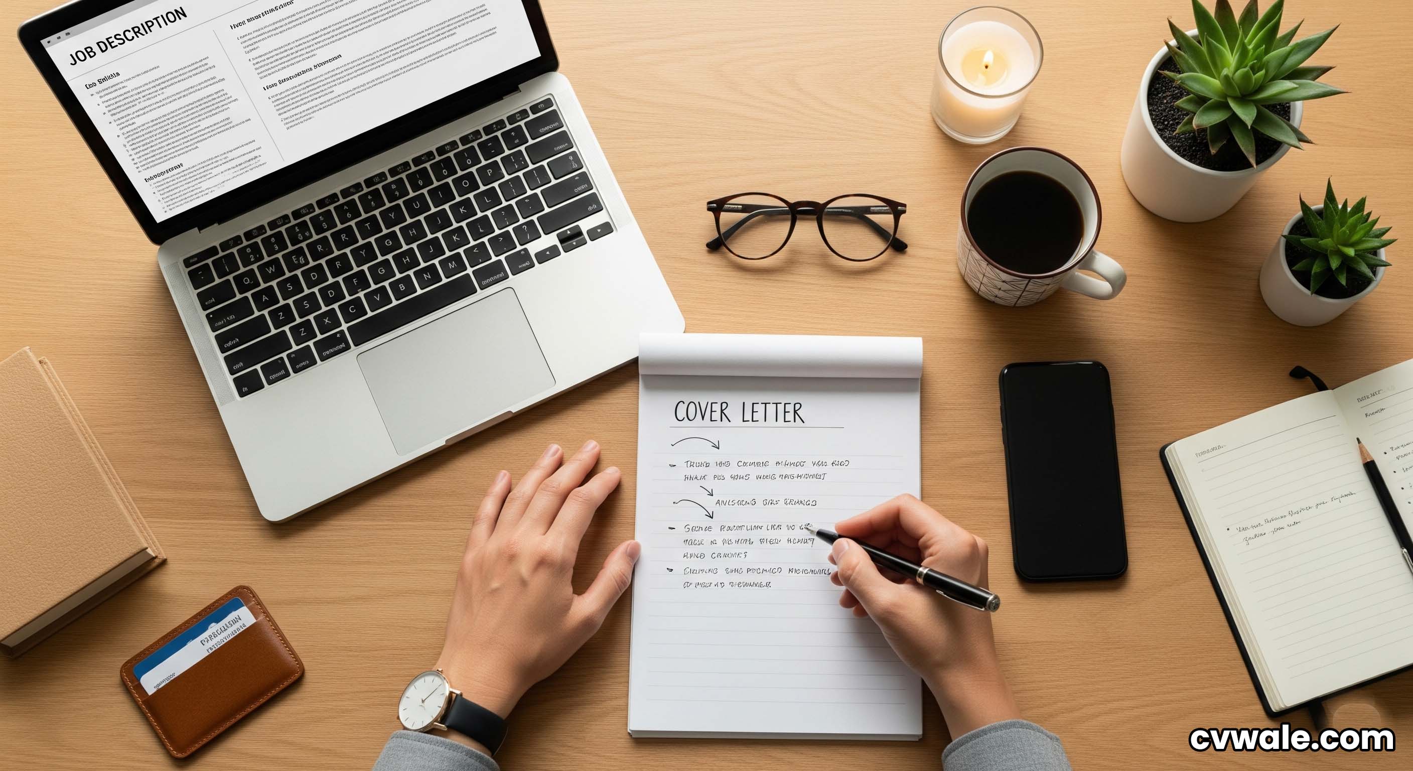 A person thoughtfully writing a cover letter at a desk.