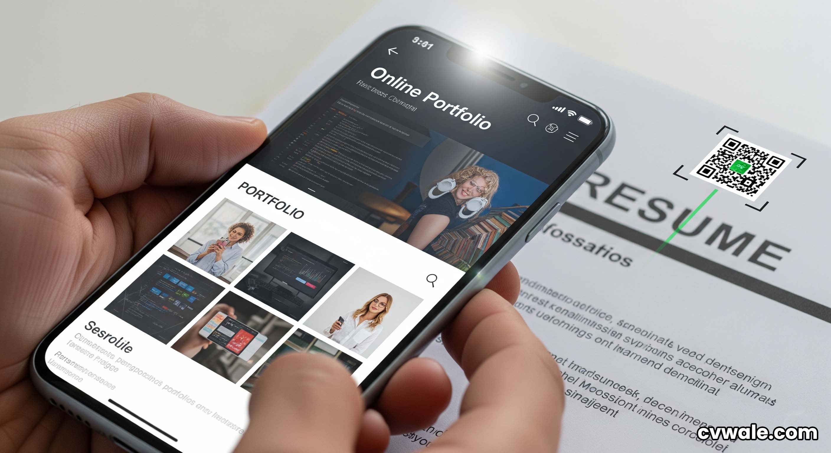 A smartphone scanning a QR code on a resume, showing a portfolio on the phone screen.