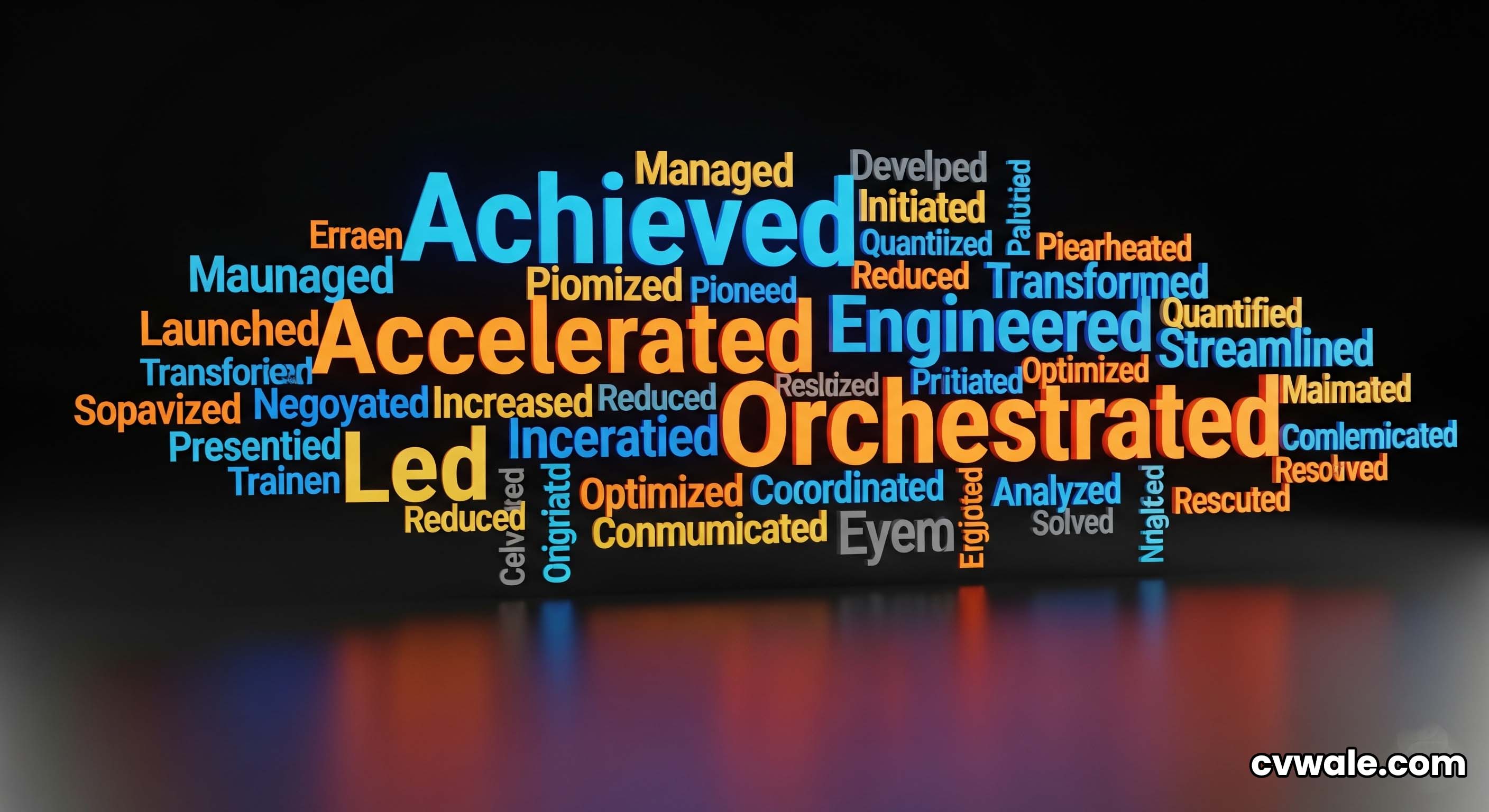 A word cloud graphic featuring powerful action verbs for a CV.