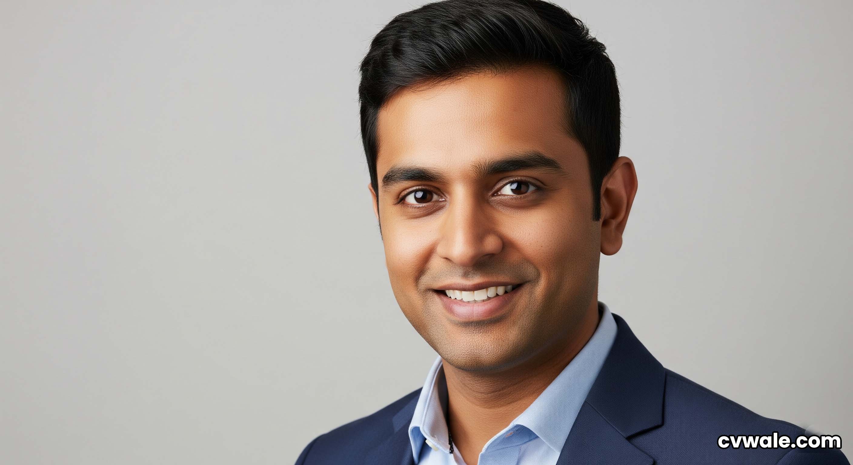 A professionally dressed person posing for a CV headshot against a neutral background.