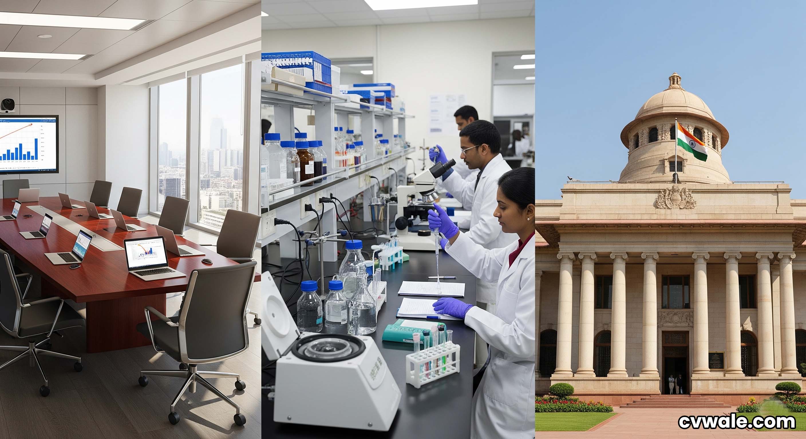 A collage of job environments like an office, a university lab, and a government building.