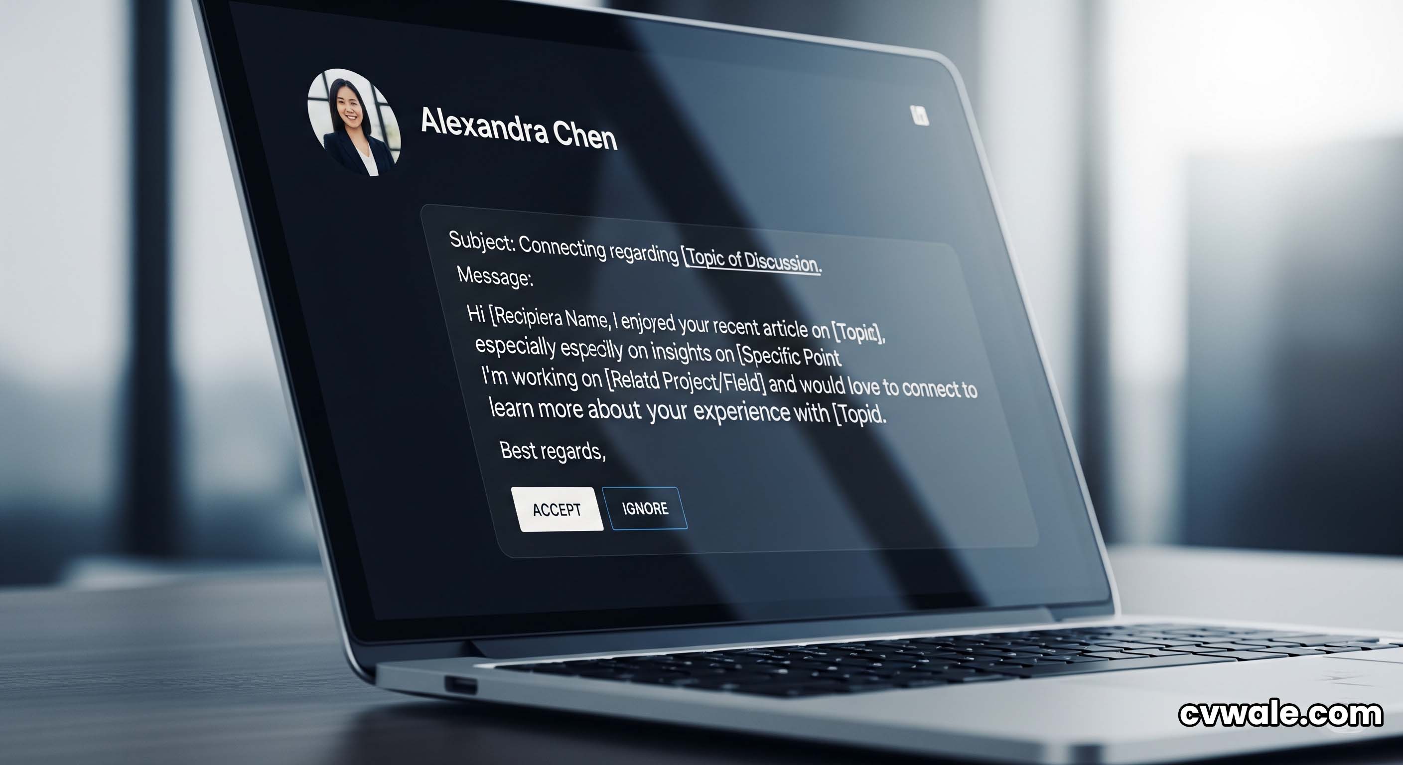 A close-up of a personalized LinkedIn connection request being sent.