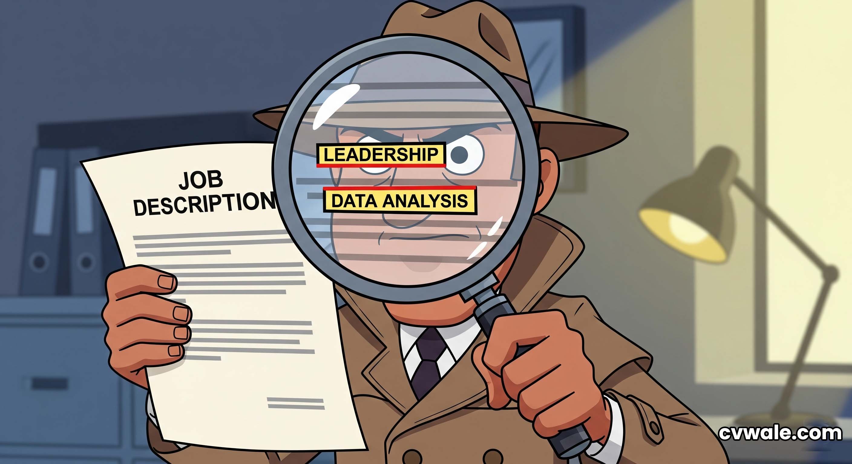 A detective with a magnifying glass examining a job description for keywords.
