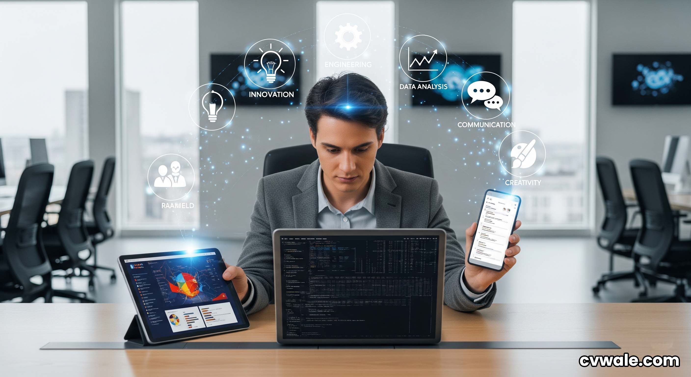 A professional working in a hybrid environment with multiple digital devices.