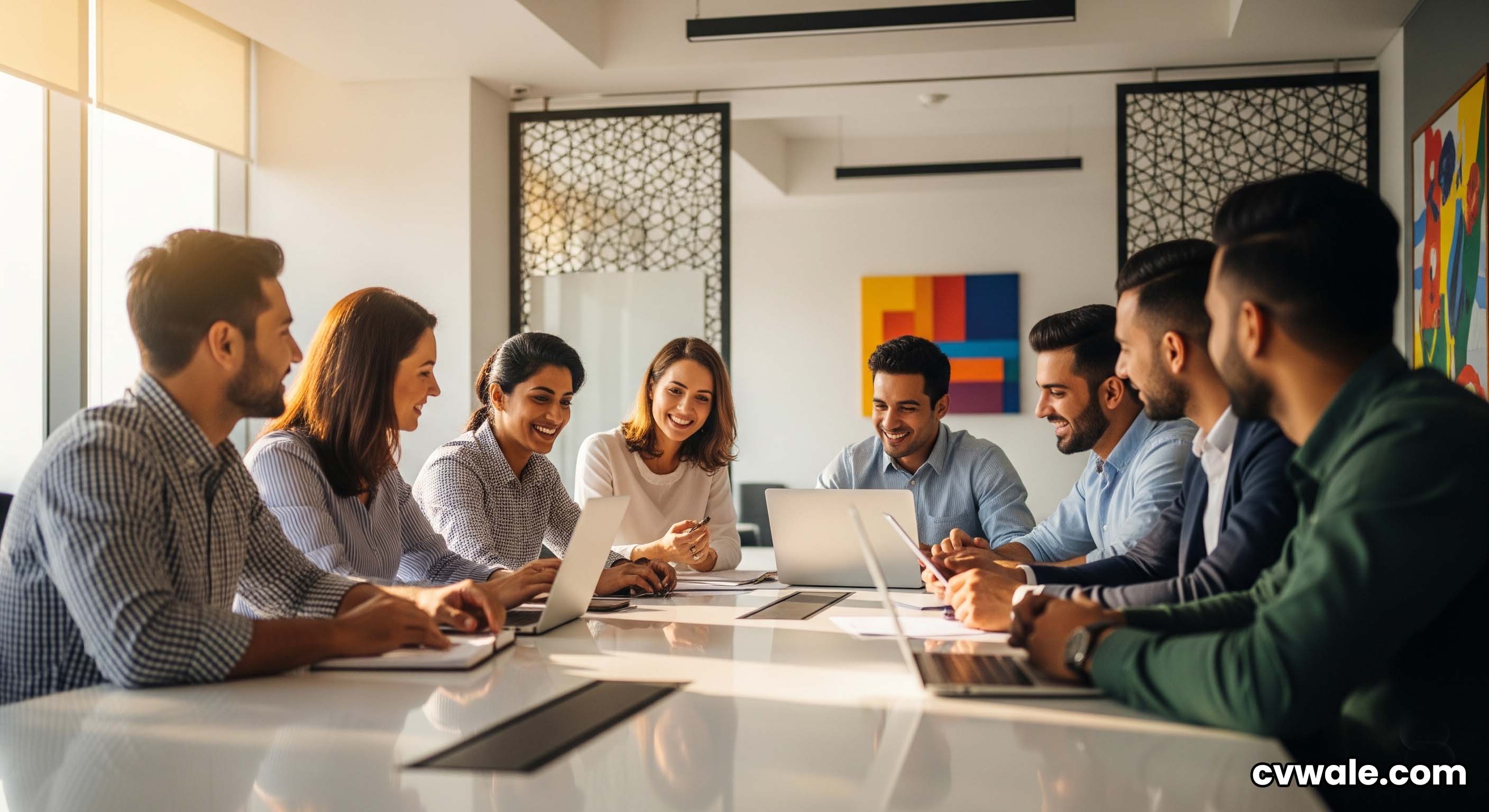 A professional team collaborating happily in a modern Indian office setting.