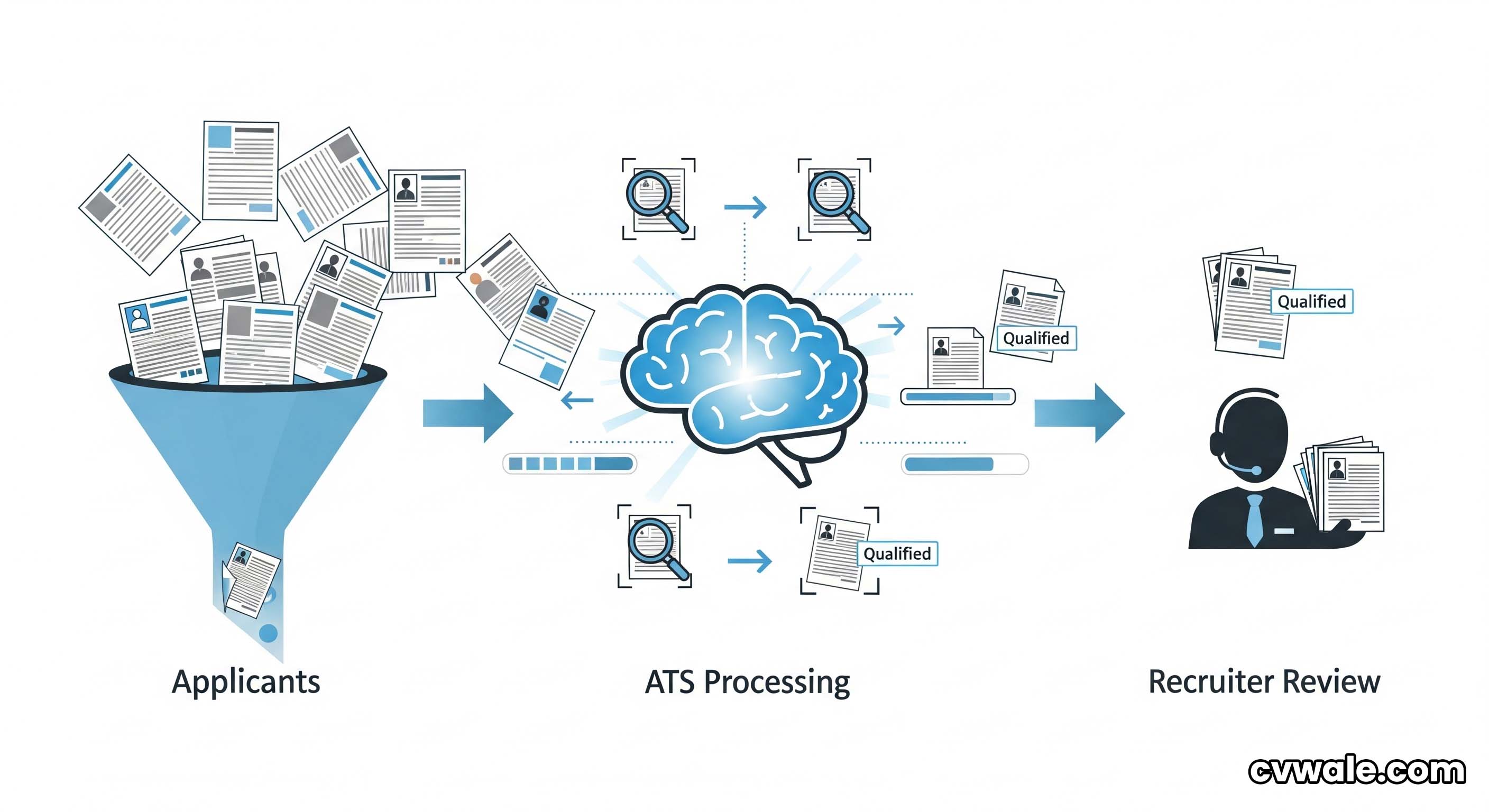 A flowchart showing how an Applicant Tracking System (ATS) scans and ranks resumes.