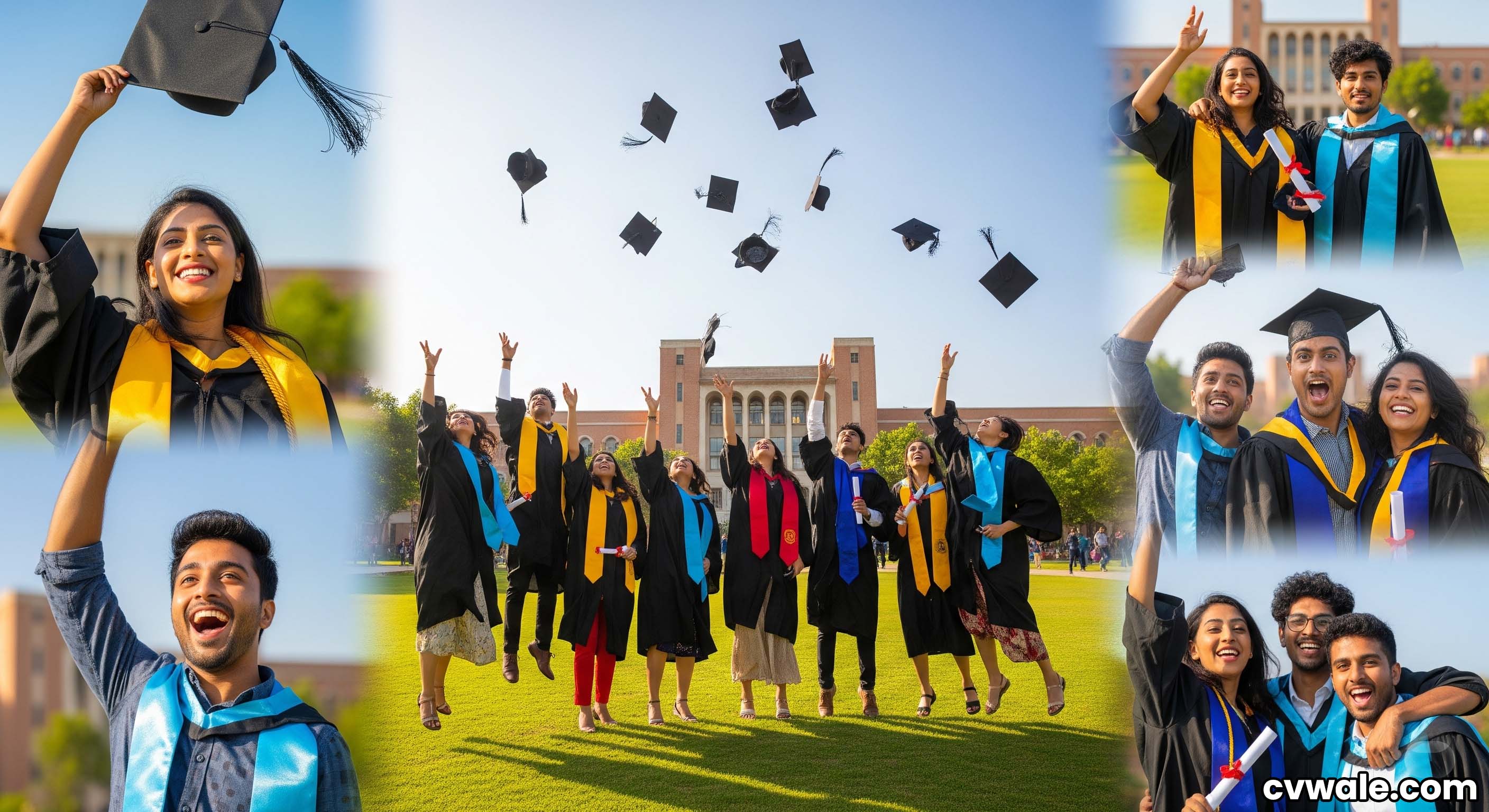 A collage of young, happy Indian graduates in convocation gowns.