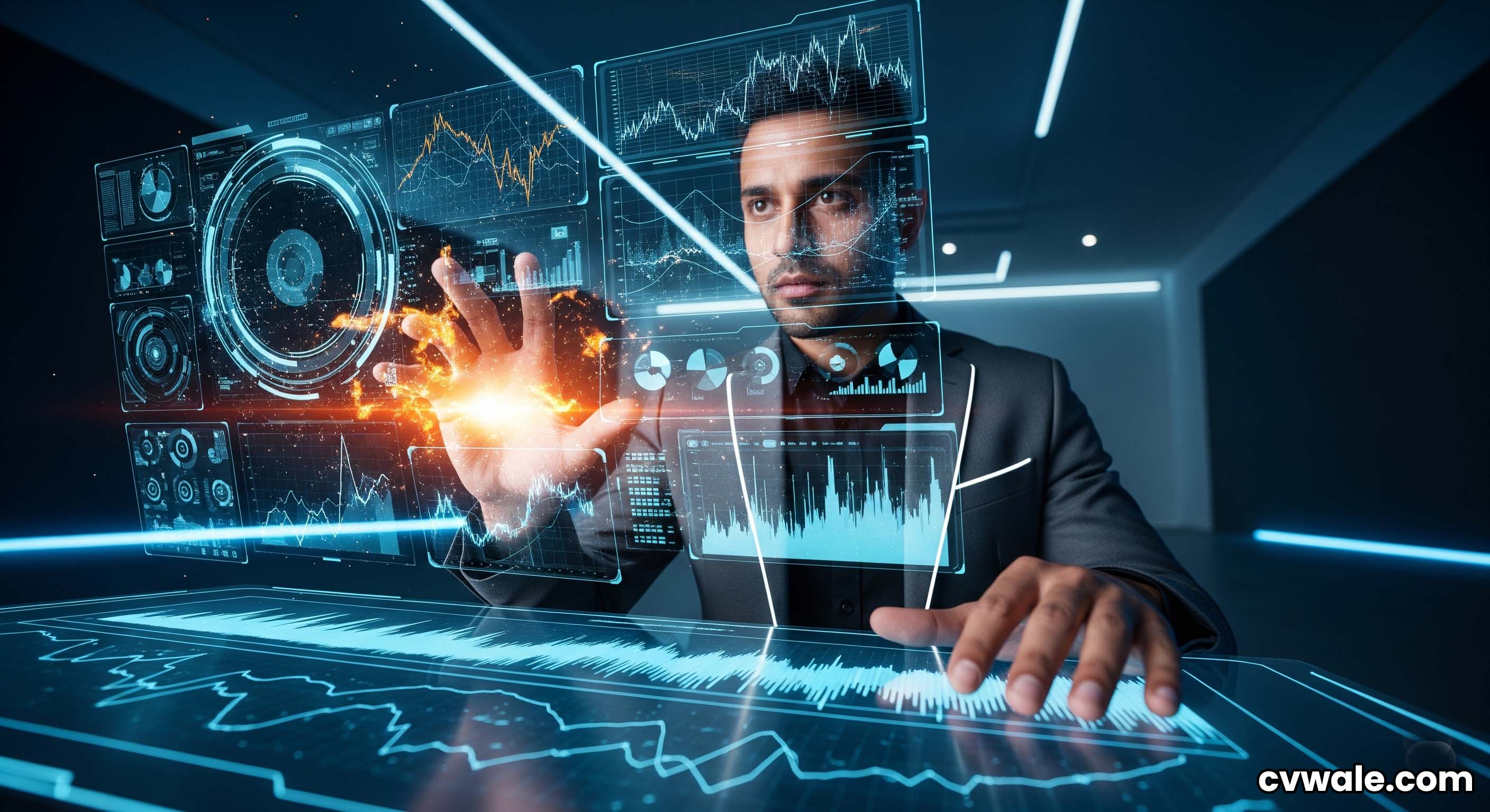 A professional working on a laptop with data charts, representing data science.